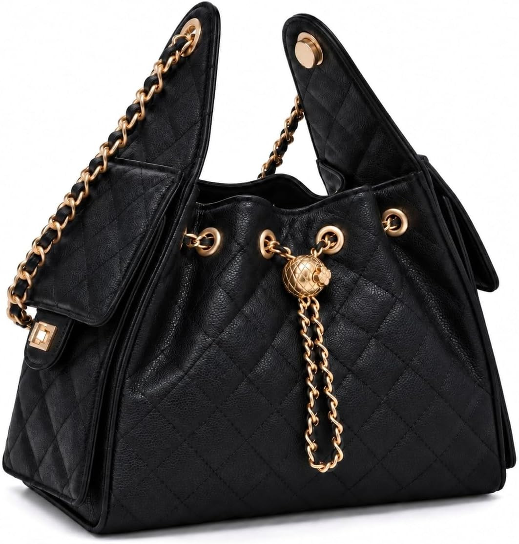 Women’s Quilted Drawstring Shoulder Bag - Designer Style Bucket Bag - Chain Strap Hobo Handbag - Luxury Tote Bag | Amazon (US)