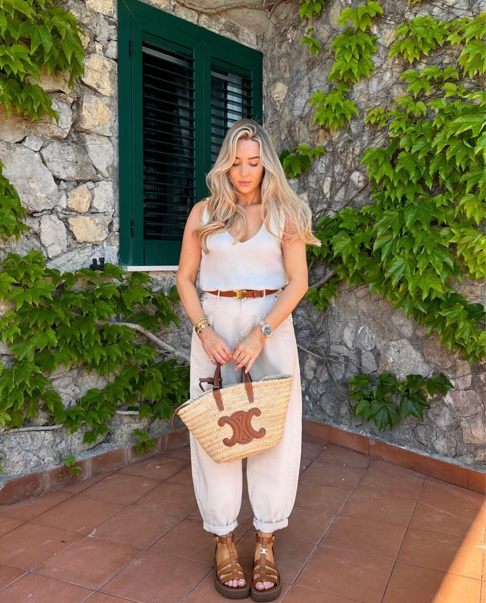 Celine is my favourite in Summer 🤎 these tan sandals and belt, paired with my Celine basket tote and an all white causal outfit is a go to holiday fit!

#LTKeurope #LTKtravel #LTKsummer