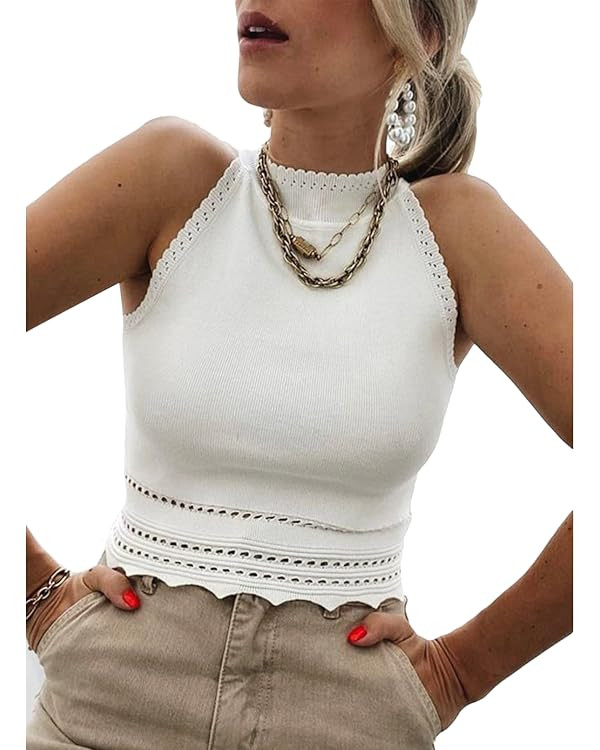 EVALESS Womens Tank Tops Summer Ribbed Knit Racerback High Neck Halter Crop Tops Blouses Sleevele... | Amazon (US)