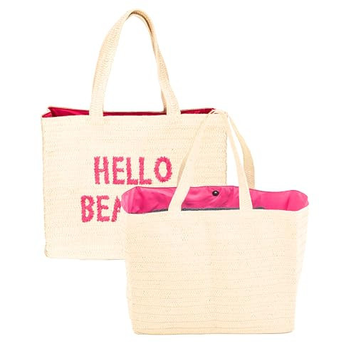 Hello Beaches: A packable straw beach tote bag that packs flat. Beach bags for women are essentials. Use as a large travel tote bag or a pool bag. Beach tote for vacation. | Amazon (US)