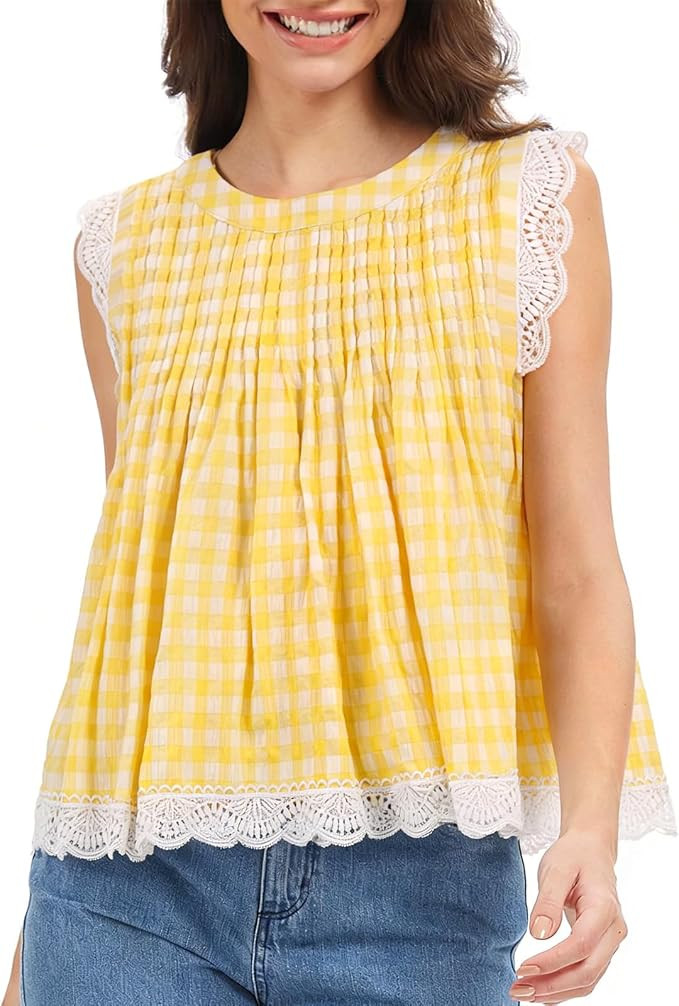 Womens 2026 Summer Peplum Top Sleeveless Ruffled Lace Trim Round Neck Y2K Babydoll Going Out Tops | Amazon (US)