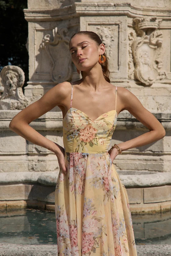 Breigh Yellow Floral Sleeveless Maxi Dress | Lulus
