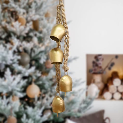 Christmas Bells Vintage Hanging Decorative: Gold Bells Decor with Jute Hanging Rope - Metal Cow Bells Christmas Decor for Christmas Wreath Garland Tree Wedding Party Door Staircase Railings | Amazon (US)
