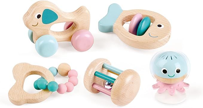 Hape Wooden Multi-Stage Sensory 5 PCs Gift Set| Stay Put Rattle, Rolling Rattles and Teether| Mon... | Amazon (US)