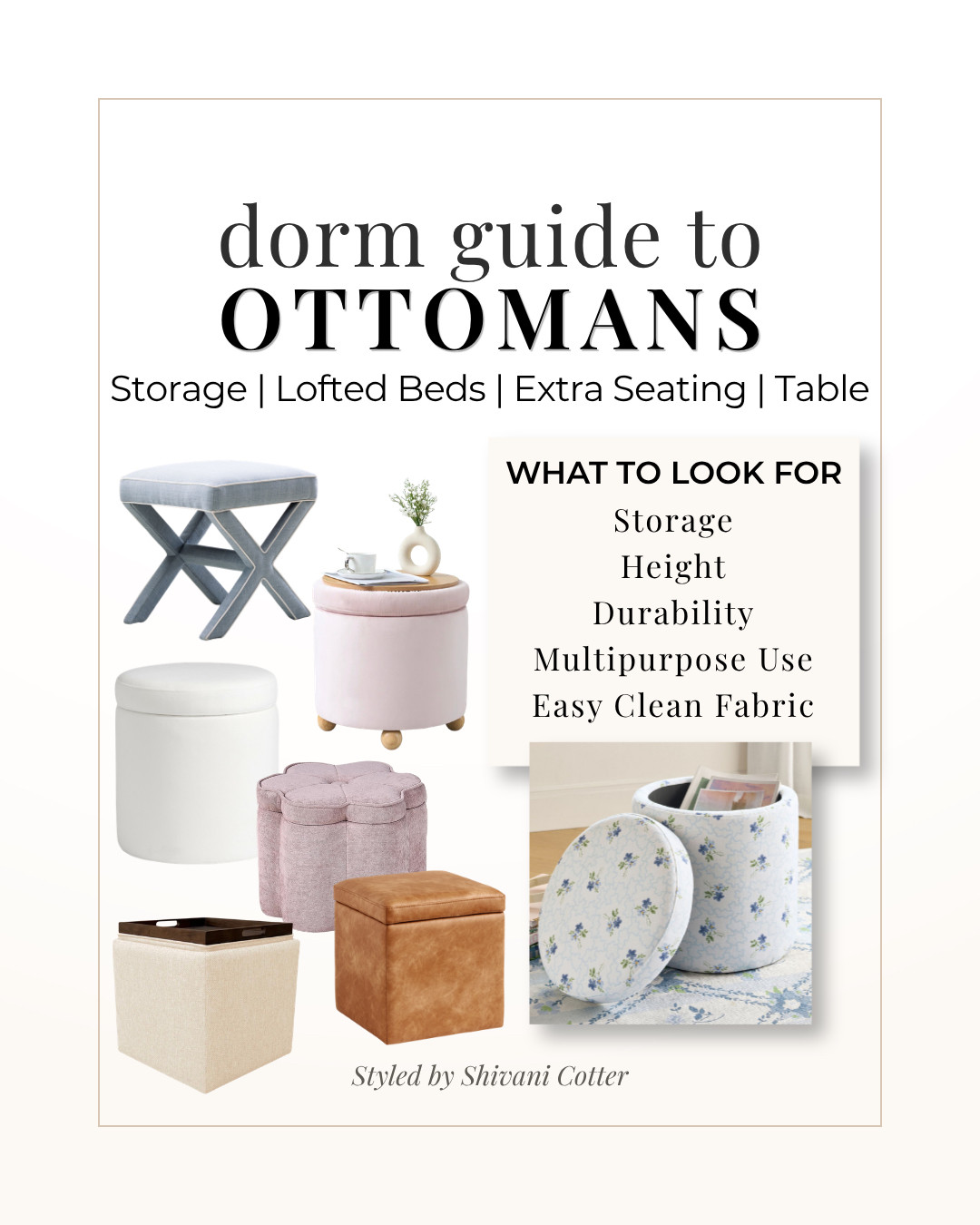 Dorm Ottoman Guide: Choosing the Right One

A dorm ottoman is one of the most useful pieces you can add to a college dorm room. It can work as hidden storage, extra seating, a step for a lofted bed, a footrest, or even a small bedside table.
The key is choosing the right style for your space. Some ottomans are better for storage, some are easier to move, and some are sturdy enough for everyday dorm life.
Perfect for dorm room decor, college move in, small space storage, and making a dorm feel more functional and put together.
Everything is linked in my LTK.

dorm ottoman | dorm room ottoman | college dorm essentials | dorm room storage | dorm furniture | dorm decor | college move in | lofted bed | storage ottoman | dorm seating | dorm storage
#dormroom #dormdecor #dormfurniture 

 #LTKHome