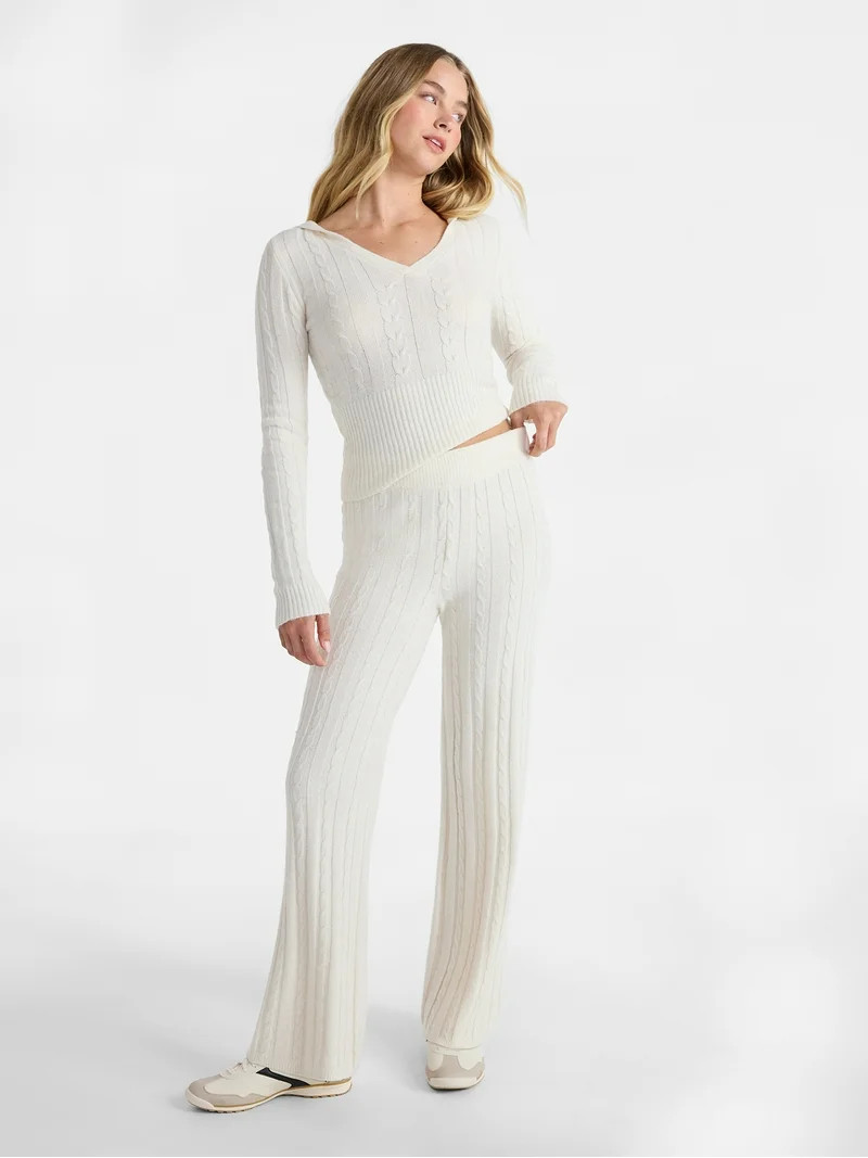No Boundaries Cable Knit Sweater Wide Leg Pants, 30'' Inseam, Women's | Walmart (US)