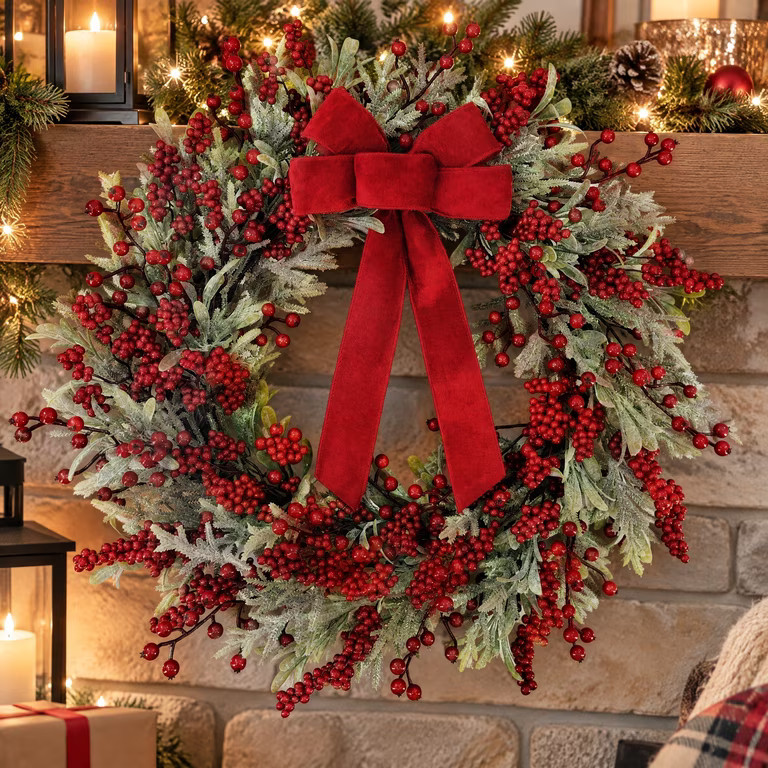 Frosted Evergreen and Eucalyptus Artificial Christmas Wreath with Berries and Bow, Red and Green,... | Walmart (US)