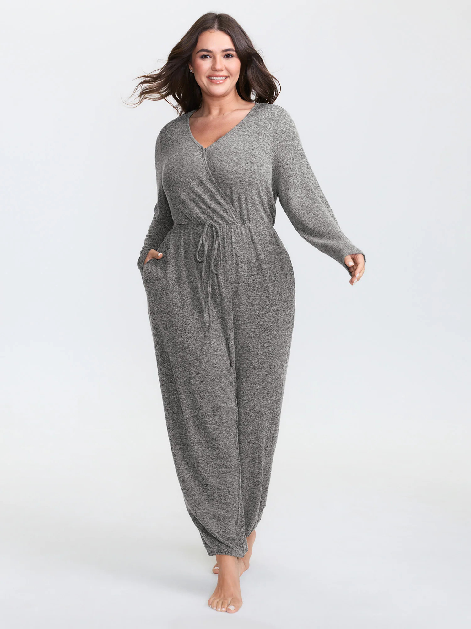 Elastic Waist Overlap Collar Lounge Jumpsuit | Bloomchic