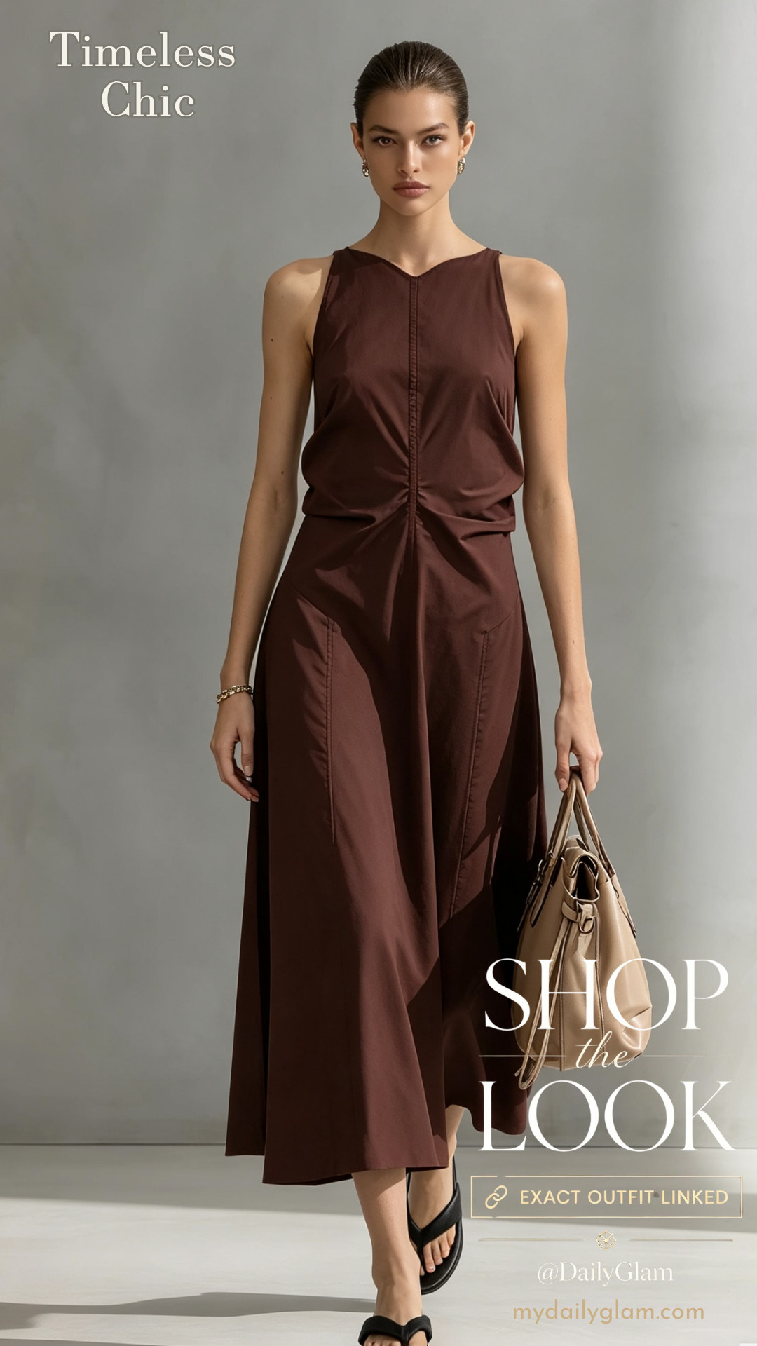 Brown Sleeveless Center Ruched Midi Dress
#CasualMidiDress #BrownDress #MinimalistStyle #SummerCasual #EverydayOutfit 

 #LTKootd #LTKOver40 #LTKWorkwear