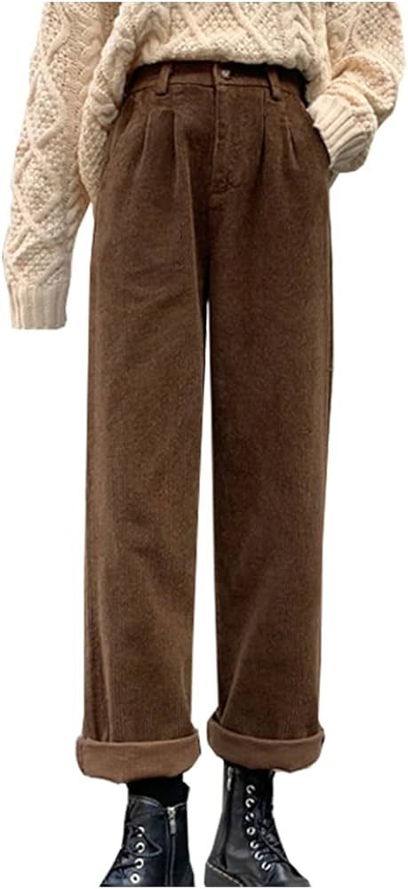 Women's Vintage High Waisted Straight Leg Corduroy Pants Trouser | Amazon (US)