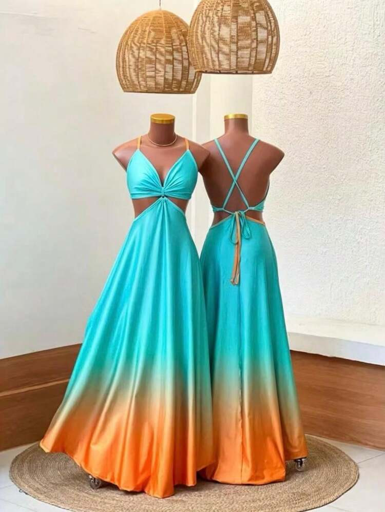 Vestido Longo Aberto Nas Costas Com Amarração Elegante-Casual ,Festa Dia E Noite | SHEIN