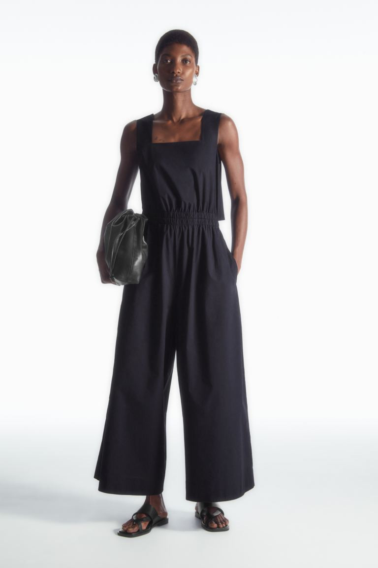 GATHERED OPEN-BACK JUMPSUIT - Square neckline - Sleeveless - NAVY - Ladies | H&M GB | H&M (UK, MY, IN, SG, PH, TW, HK)