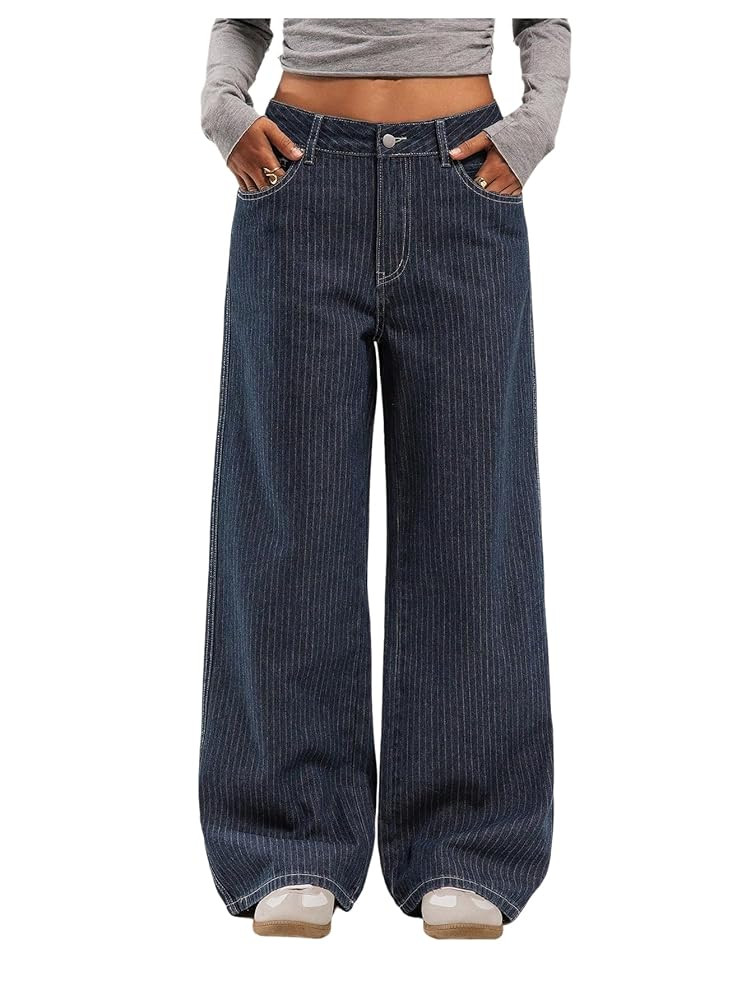 OYOANGLE Women's Striped Wide Leg Jeans Casual Denim Baggy Low-Rise Pants with Pocket | Amazon (US)