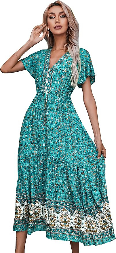 R.Vivimos Womens Summer Floral Print Cotton Short Sleeve Flowy Dress | Amazon (US)