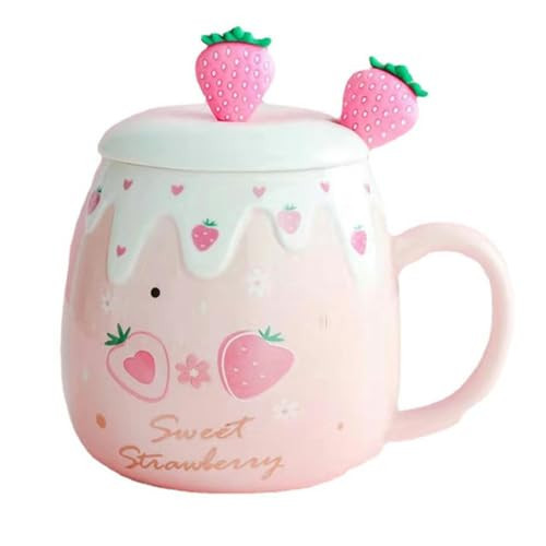 450ml/15oz Cute Ceramic Mug With Lid Couple Home Office Breakfast Coffee Milk Cup-Pink Strawberry (Fruit Spoon)-1 | Amazon (US)