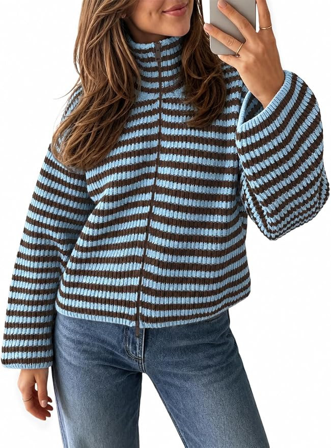 Saodimallsu Womens Striped Zip Up Sweaters Mock Neck 2026 Fall Trendy Casual Long Sleeve Loose Fi... | Amazon (US)