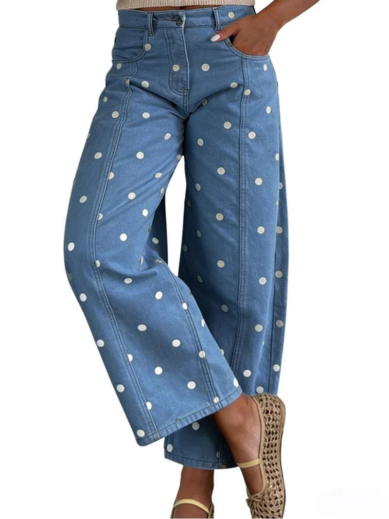 sicmoss Women's Blue Polka Dot Barrel Jeans Mid Rise Vintage Denim Pants with Pockets | Walmart (US)