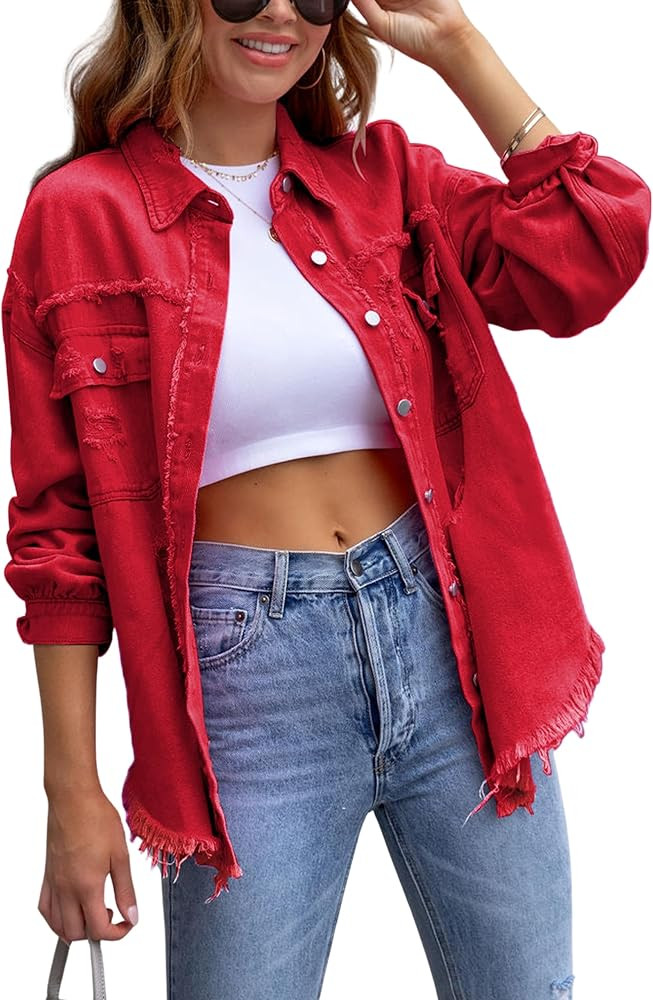 Omoone Women's Ripped Distressed Denim Jacket Casual Long Sleeve Boyfriend Jean Coat Basic Trucke... | Amazon (US)