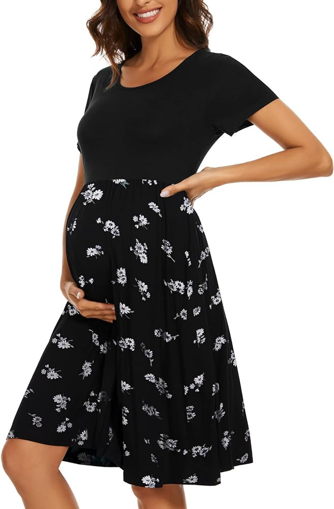 Women's Short Sleeve Maternity Dress Patchwork Pregnancy Clothes with Pockets | Amazon (US)