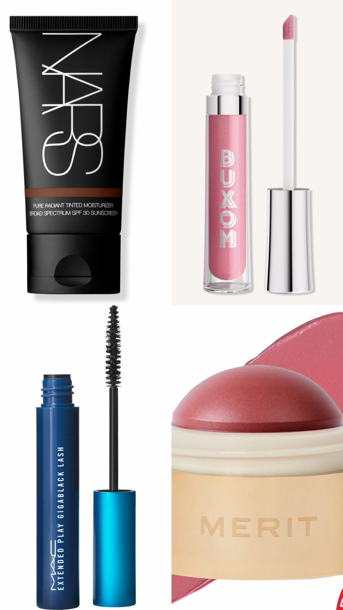 If I could only choose four cosmetics, these are it. Such a beautiful tinted moisturizer from NARS, love BUXOM lip glosses, this MAC mascara does not smudge, and the cream blush is beautiful and easy to apply! ￼

#LTKgrwm #LTKOver40 #LTKBeauty