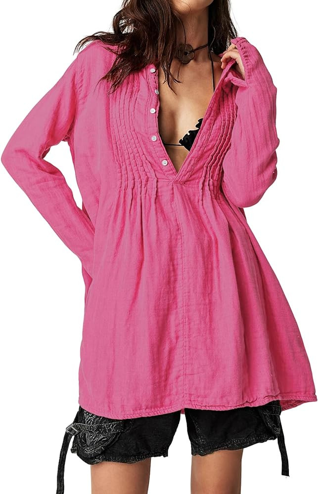 R.Vivimos Women's Tunic Dress Fall Cotton Button Down Long Sleeves Casual Mini Shirt Dress | Amazon (US)