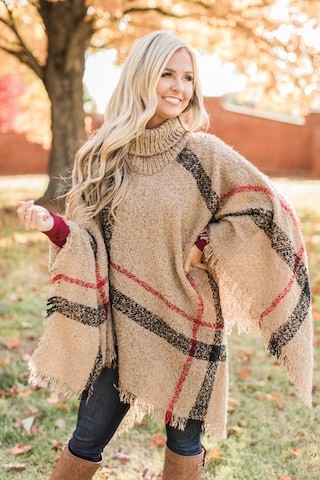 Stay Classy Plaid Poncho Tan | The Pink Lily Boutique