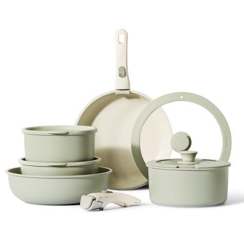 CAROTE Pots and Pans Set, Nonstick Cookware Set Detachable Handle, 11pcs Induction Kitchen Cookware Sets Non Stick with Removable Handle, RV Cookware Set, Oven Safe, Sage Green | Amazon (US)