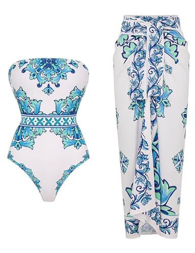 FLAXMAKER Strapless Swimsuit Lace Up Adjustable Animal Botanical Print Swimsuit and Skirt/Sarong (M,Blue Swimsuit and Sarong) | Amazon (US)