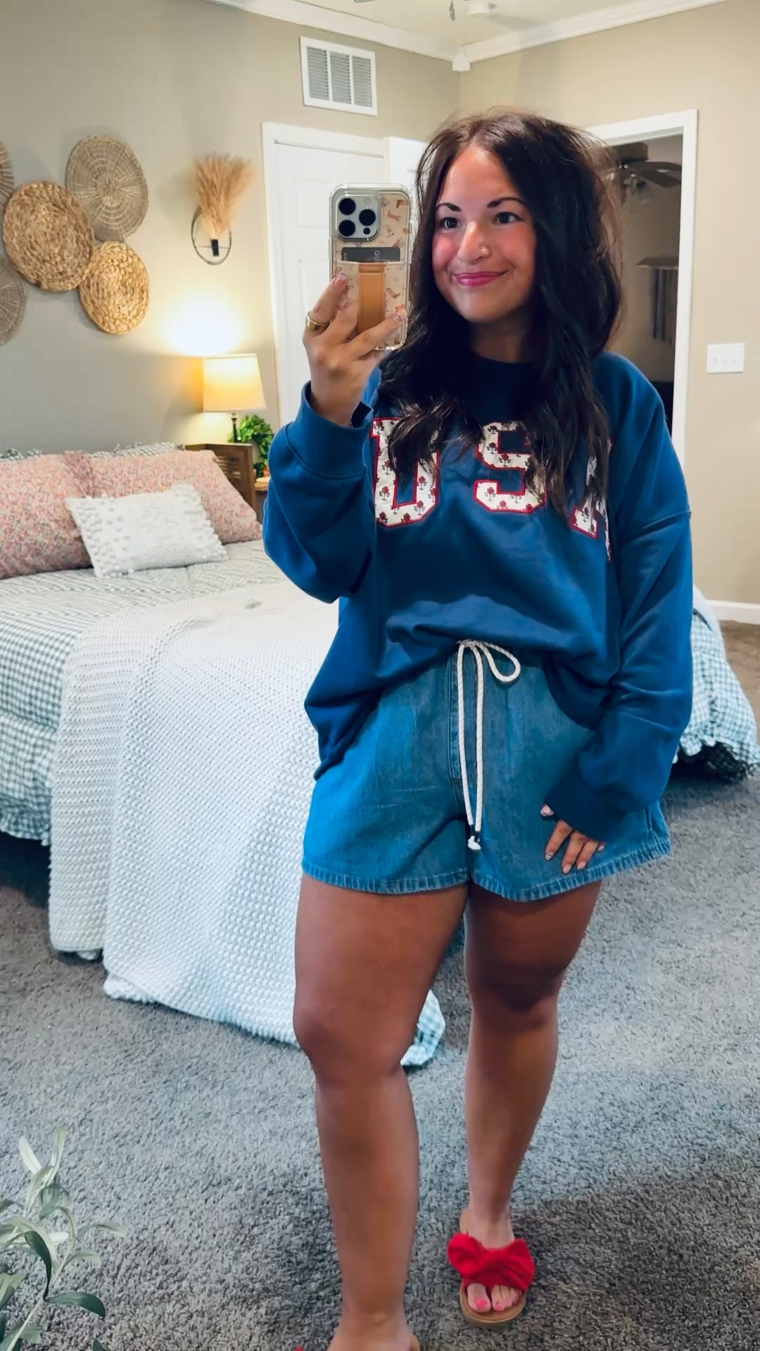 Patriotic with a feminine twist ❤️🤍💙 This floral USA crew is such a fun way to celebrate summer while keeping things cute and casual!

sandals: fit true to size // wearing a 5
shorts: fit true to size // wearing a large
crew: fits true to size // wearing an XL 

 #LTKootd #LTKMidsize