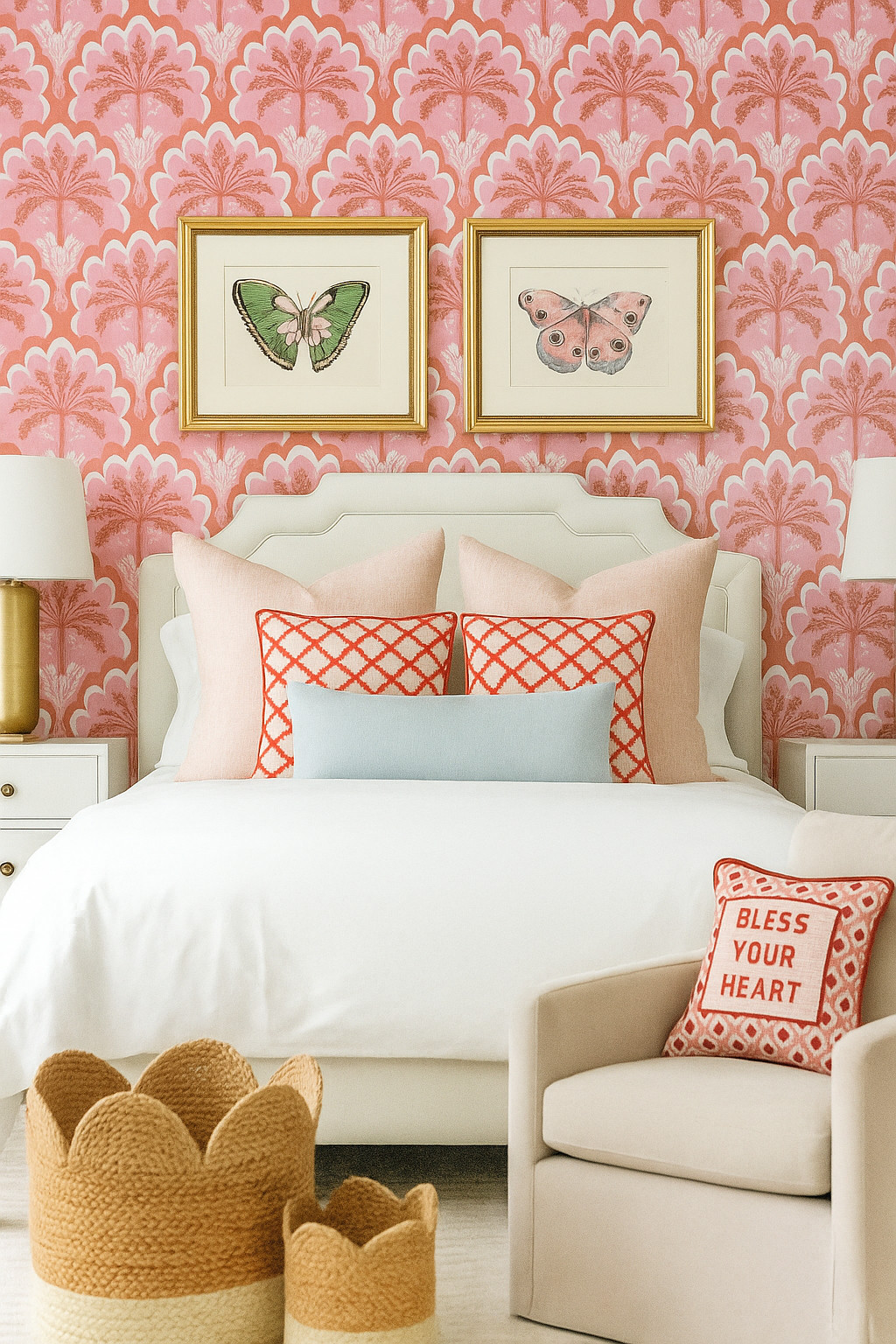 Looking to update your bedroom with the latest style? Add pops of pink and blue to give a classy , charming bedroom. With pops of gold and linen bedding 

 #LTKHome