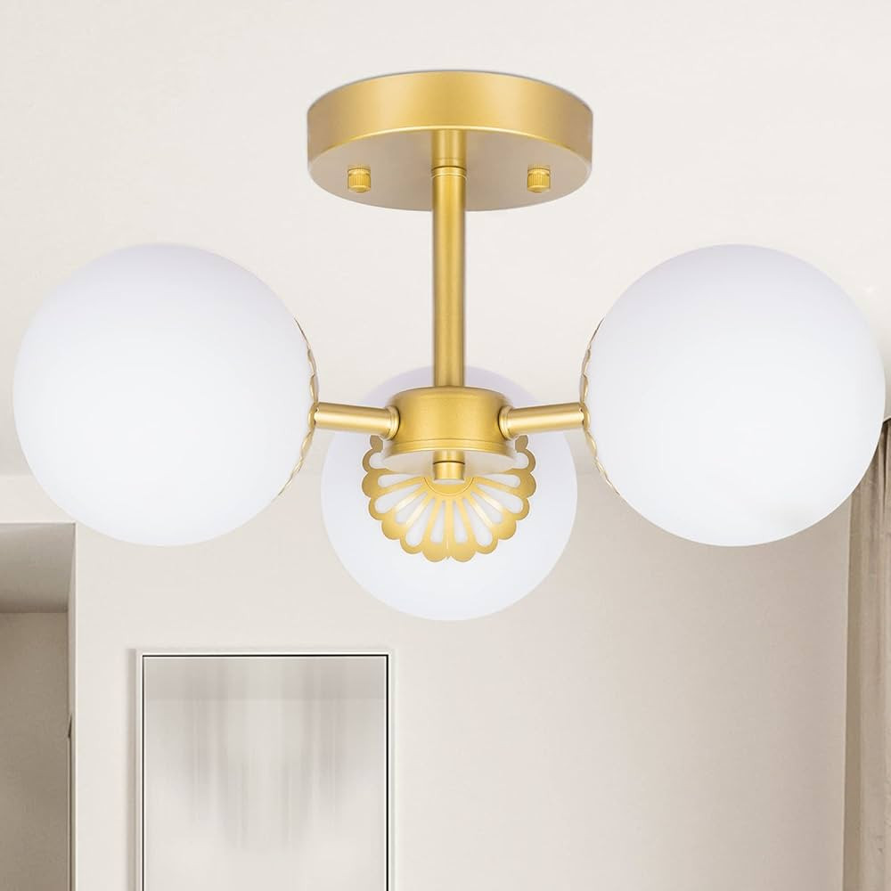 Mid Century Modern Brass Semi Flush Mount Ceiling Light, 3-Light Frosted Globe Glass Gold Chandel... | Amazon (US)