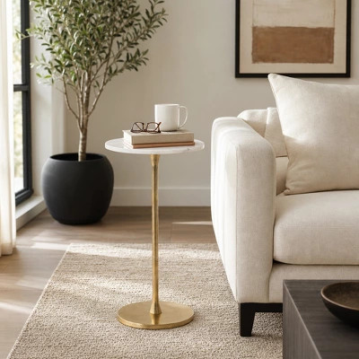 Glam End Side Table or Small Night Stand for Home Decor - Bold Metal Table with Round Marble Top Ideal for Bedroom or Living Room - 24", Gold & White | Target
