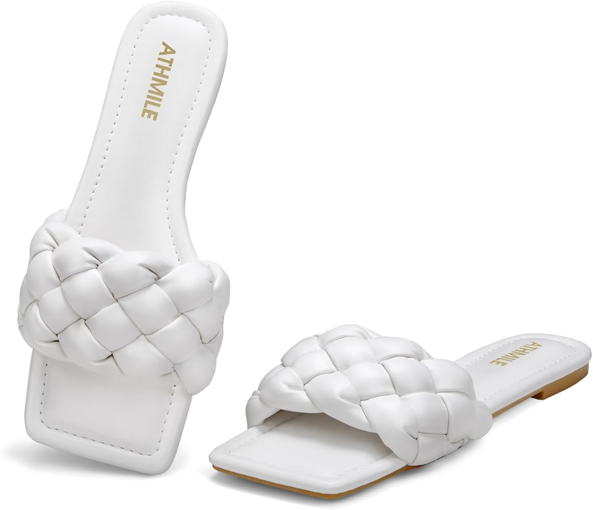 ATHMILE Braided Womens Sandals Square Open Toe Fashion Slide Sandals Women Dressy Summer Flat Bea... | Amazon (US)