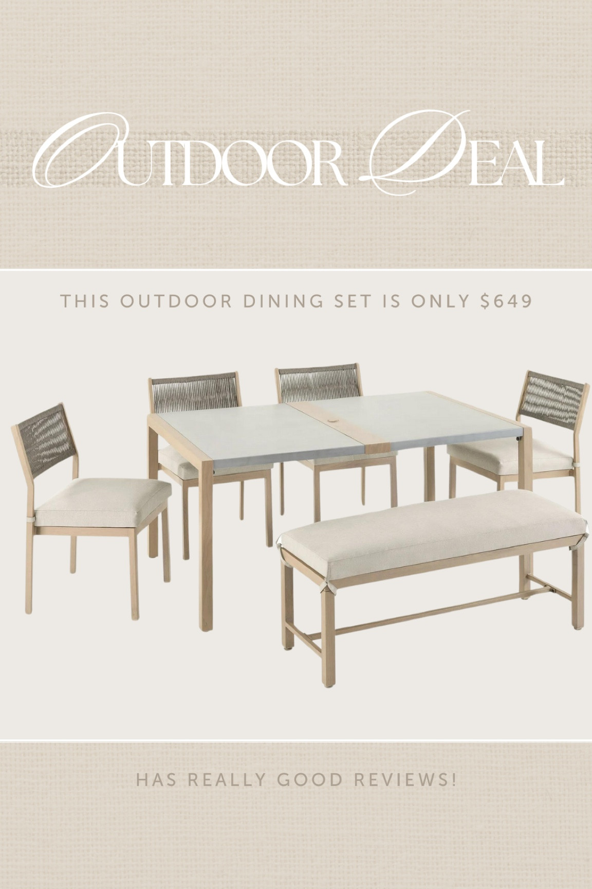 Obsessed with this @walmart outdoor dining set! 😍 the neutral coastal tones, rope chairs and comfy bench! only $649! Run! 🤍🤍 #walmartpartner

#walmarthome #walmartfind #betterhomesandgardens #outdoorset #outdoorfurniture #patioset #dining #outdoordiningtable #outdoordiningchairs #outdoordiningset #dealoftheday #coastal 

#LTKSaleAlert #LTKHome #LTKSeasonal