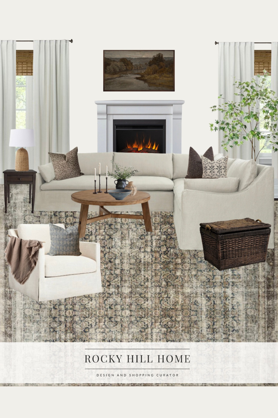 Blue, tan and brown living room mood board mixing high and low price points, lulu and georgia sectional, Target studio mcgee chairs, pottery barn round coffee table, handmade side table, Target lamp, dark basket, Etsy pillows, blue decorative bowl, black vase, iron candle holders and loloi amber Lewis navy sand rug, amber interiors family room

#LTKhome #LTKfamily #LTKstyletip