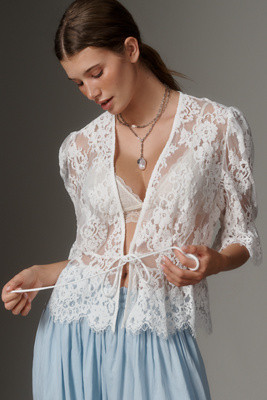 By Anthropologie Puffed Sleeve Sheer Tie-Front Lace Top | Anthropologie (US)