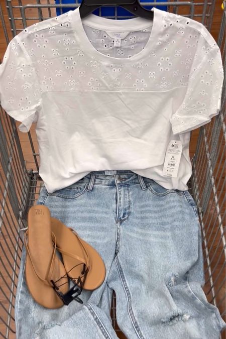 Can’t go wrong with a cute top and jeans and these ones at Walmart are some of my favorites! I’m wearing my usual small in the eyelet tee and size 6 in these distressed straight leg jeans. #walmartfashion #walmartfinds 

#LTKfindsunder50 #LTKstyletip #LTKfindsunder100