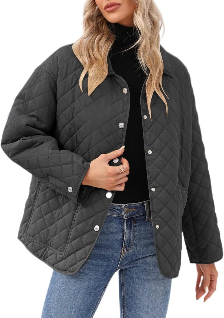 Women's Lapel Lightweight Quilted Jacket Concealed Buckle Long Sleeve Warm Oversized Coat with Two P | Amazon (US)