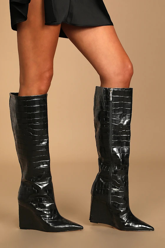 Asya Up Black Croco Embossed Leather Knee-High Wedge Boots | Lulus (US)