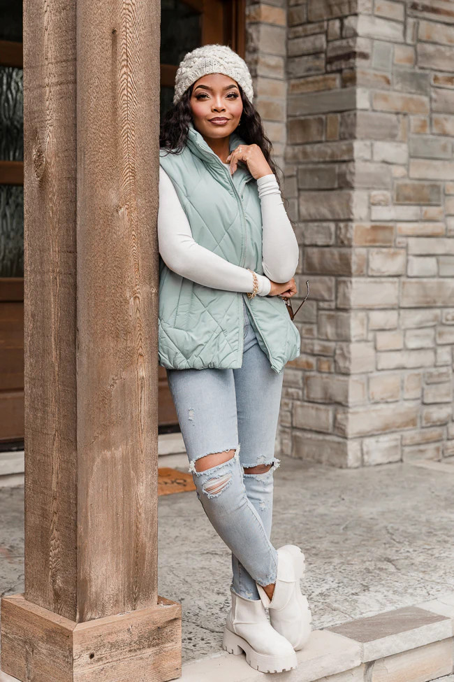 Mountainside Moment Mint Quilted Puffer Vest | Pink Lily