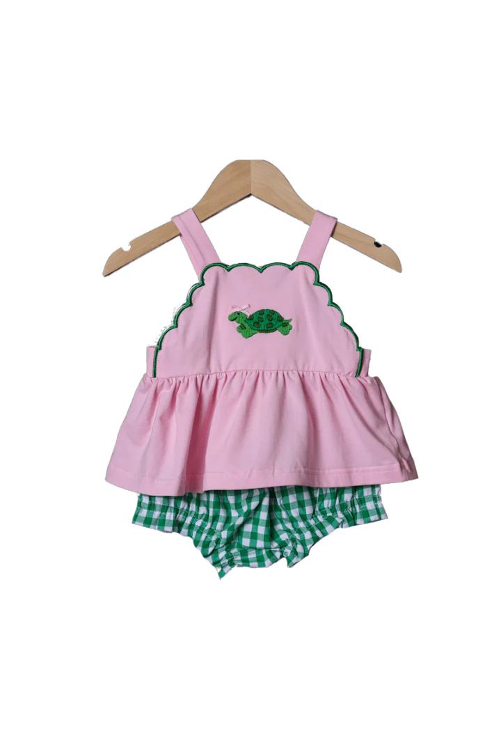 Hand Stitched Turtle Pink/Green Knit Bloomer Set | The Smocked Flamingo