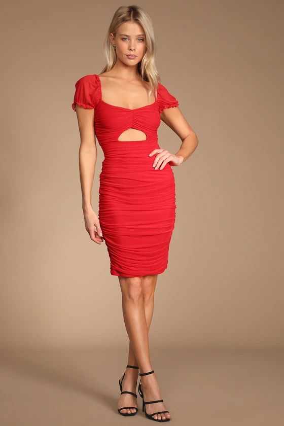 Cutout for the Night Red Ruched Mesh Bodycon Mini Dress | Lulus (US)