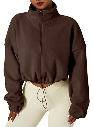 QINSEN Women's Short Fleece Jacket Full Zip Polar Fleece Crop Outwear Winter Warm Stand Collar Coat Caramel Coffee S | Amazon (US)
