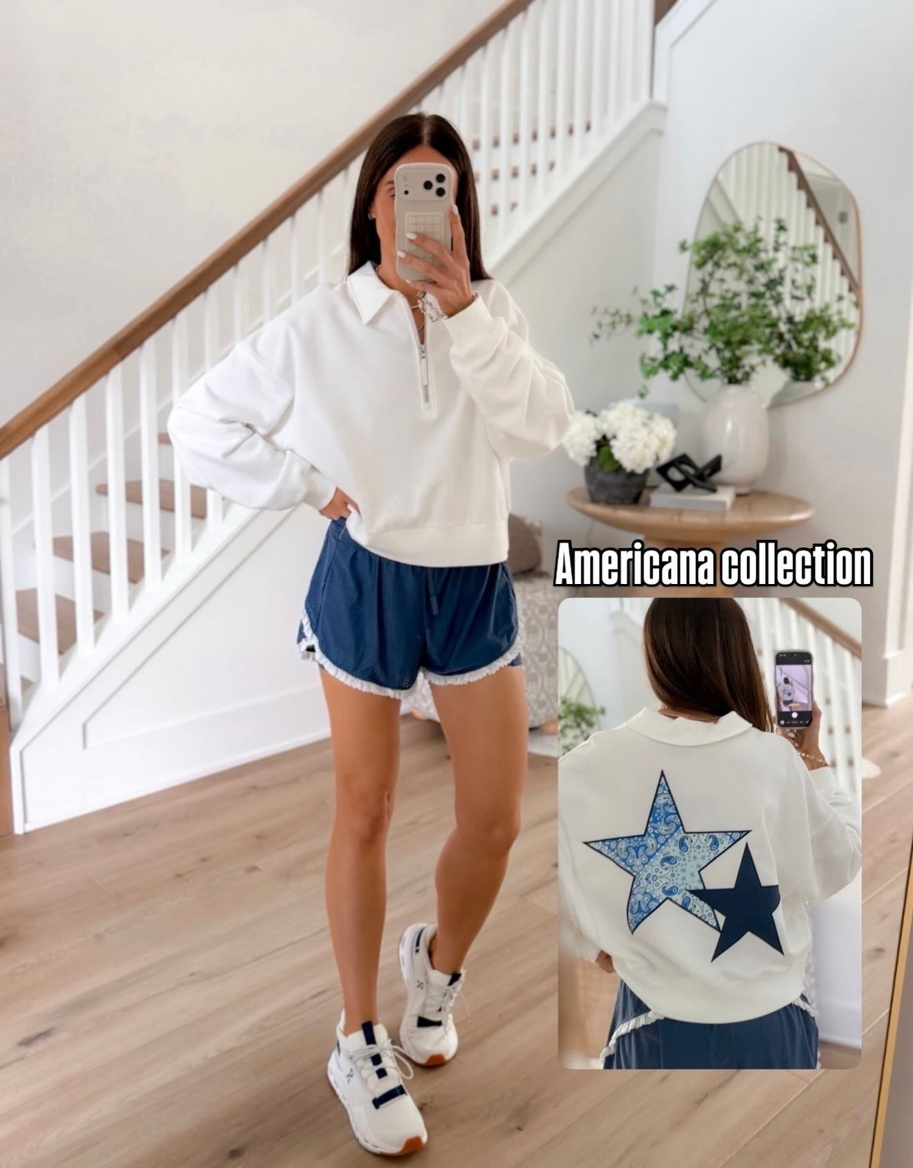 Obsessed with this Americana-inspired outfit! This casual yet chic look features a cozy white sweatshirt with a star-back detail paired with sporty navy shorts and crisp white sneakers. perfect for summer weekends, holiday gatherings, or casual errands. Elevate your everyday style with this effortlessly cool and comfortable ensemble.

summer outfit ideas, americana style, star back sweatshirt, casual chic outfit, weekend look, navy shorts outfit, white sneakers summer, cozy sweatshirt outfit, annabrstyle

#LTKootd #LTKSeasonal #LTKOver40