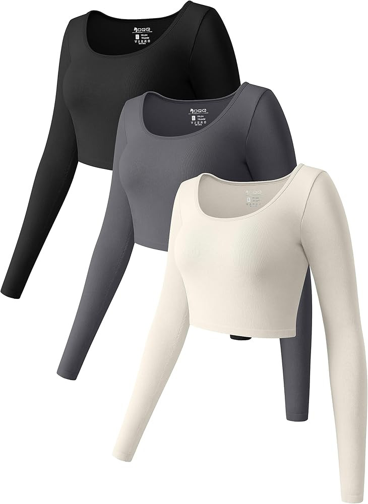 OQQ Women's 3 Piece Crop Tops Long Sleeve Round Neck Stretch Fitted Underscrubs Shirts Crop Tops | Amazon (US)