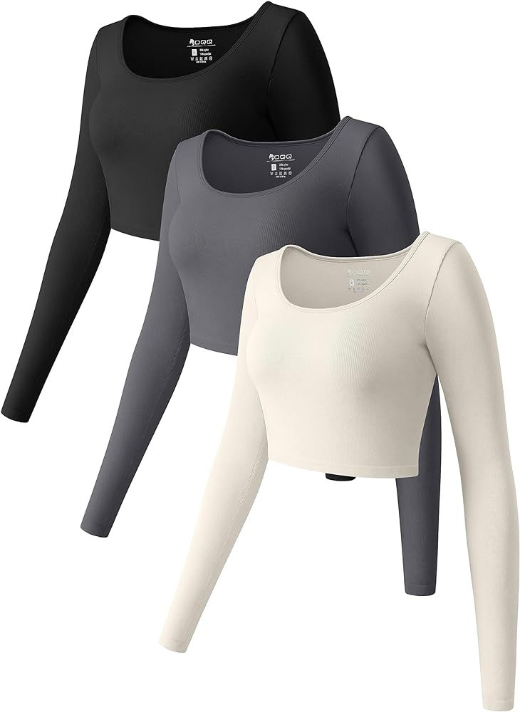 OQQ Women's 3 Piece Crop Tops Long Sleeve Round Neck Stretch Fitted Underscrubs Shirts Crop Tops | Amazon (US)