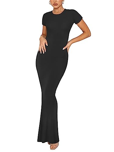 REORIA Women's Summer Sexy Casual Lounge Long Dress Elegant Wedding Guest Short Sleeve Crew Neck Bodycon Maxi Dresses Black X-Large | Amazon (US)