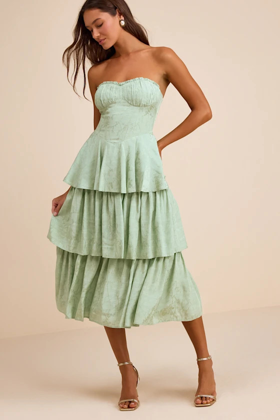 Beverly Sage Green Jacquard Tiered Midi Dress | Lulus