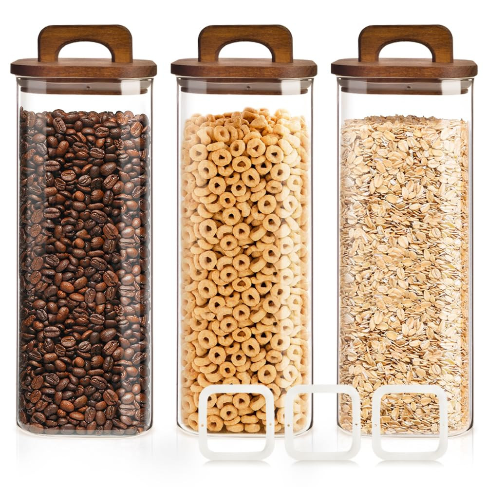 Glass Storage Containers With Lids, 3 Set of 67oz Food Jars With Acacia Wood Lids, Glass Canister for Pantry Oat Spaghetti Pasta Cookie Flour Cereal Rice Sugar Tea Coffee Beans | Amazon (US)