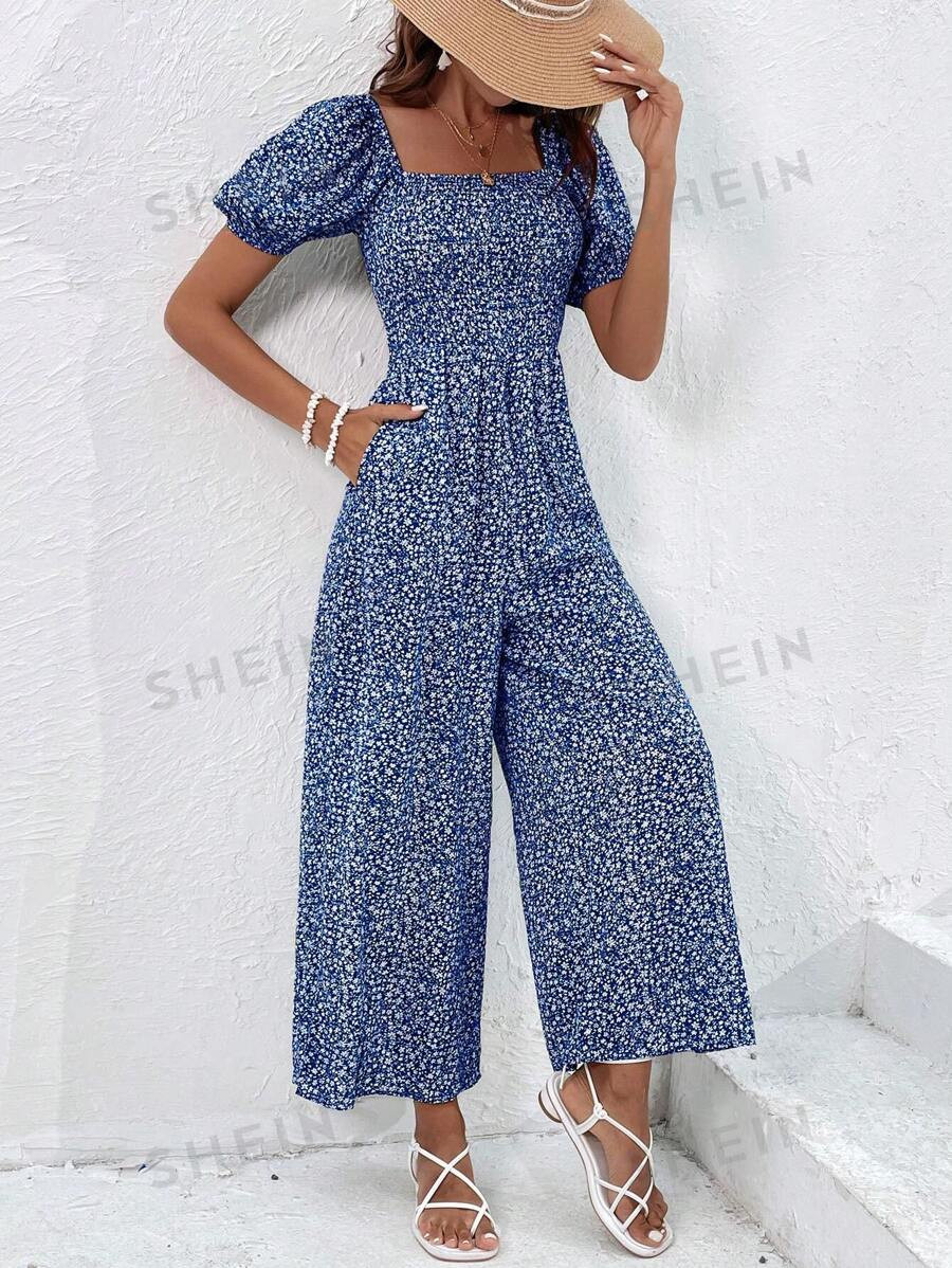 SHEIN VCAY Ditsy Floral Print Puff Sleeve Wide Leg Jumpsuit | SHEIN